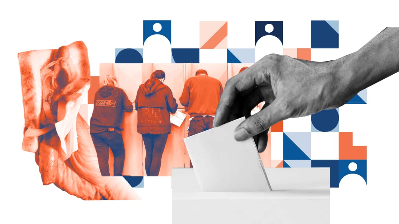 A stylised image of a hand putting a ballot in a white box, with three people casting their votes in the background.