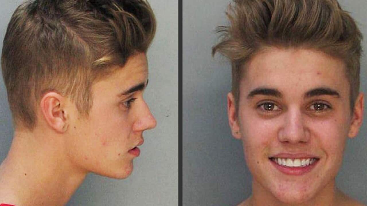 A police photo of US pop star Justin Bieber