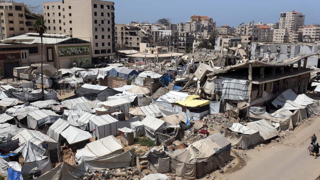 Tents and shelters at a camp for people displaced by conflict in Gaza City.