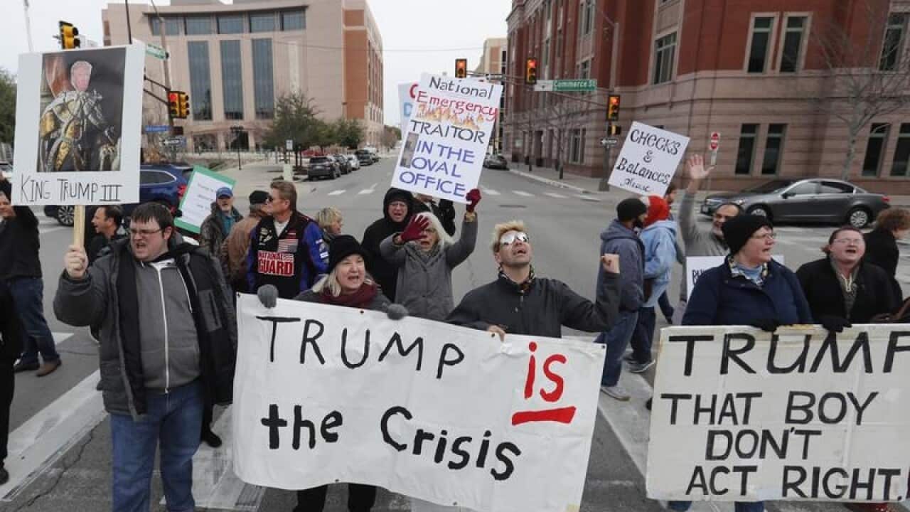Protesters at a crosswalk in downtown Fort Worth, Texas