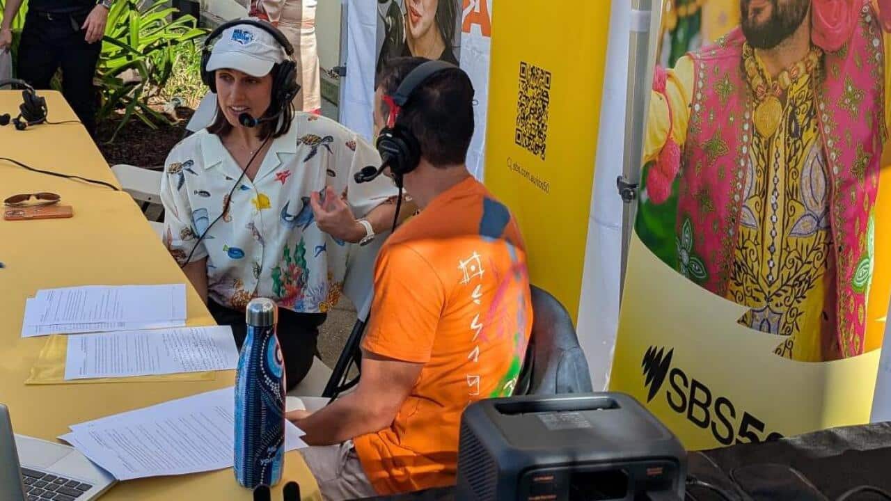 Scientist Vanessa Pirotta with Massimiliano Gugole during SBS Italian live broadcast from Bondi Beach during Harmony Week on March 21, 2026.
