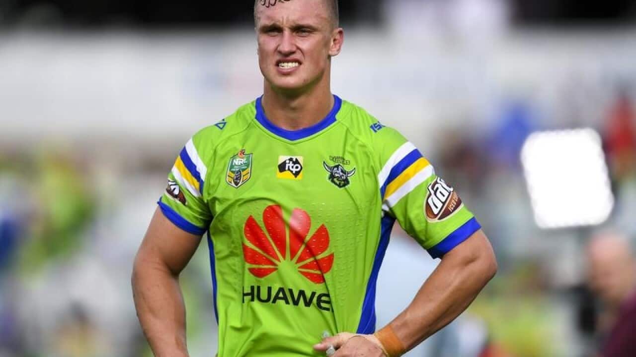Jack Wighton of the Raiders reacts after loosing the Round 3.