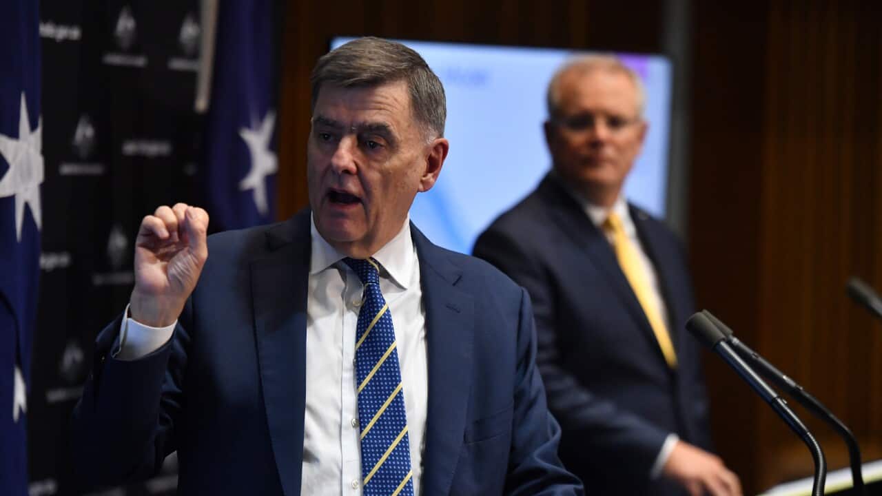 Chief Medical Officer Professor Brendan Murphy and Prime Minister Scott Morrison give a coronavirus update at a press conference at Parliament House in Canberra, Friday, April 24, 2020. (AAP Image/Mick Tsikas) NO ARCHIVING