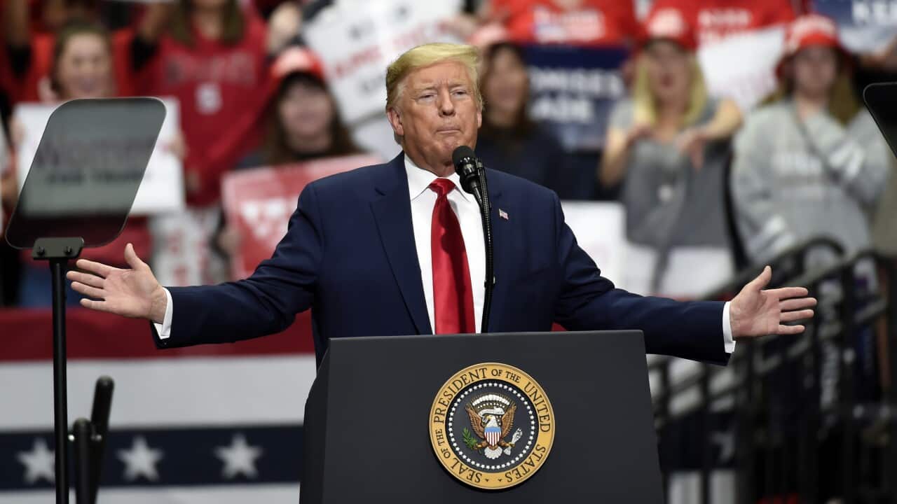 In this March 2, 2020, file photo, Donald Trump speaks during a campaign rally in Charlotte, North Carolina
