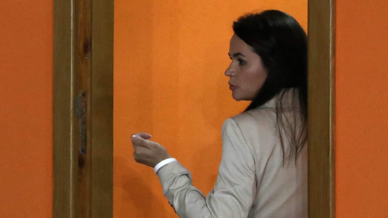 Presidential candidate Sviatlana Tsikhanouskaya votes in the 2020 Belarusian presidential election at a polling station. Valery Sharifulin/TASS/Sipa USA