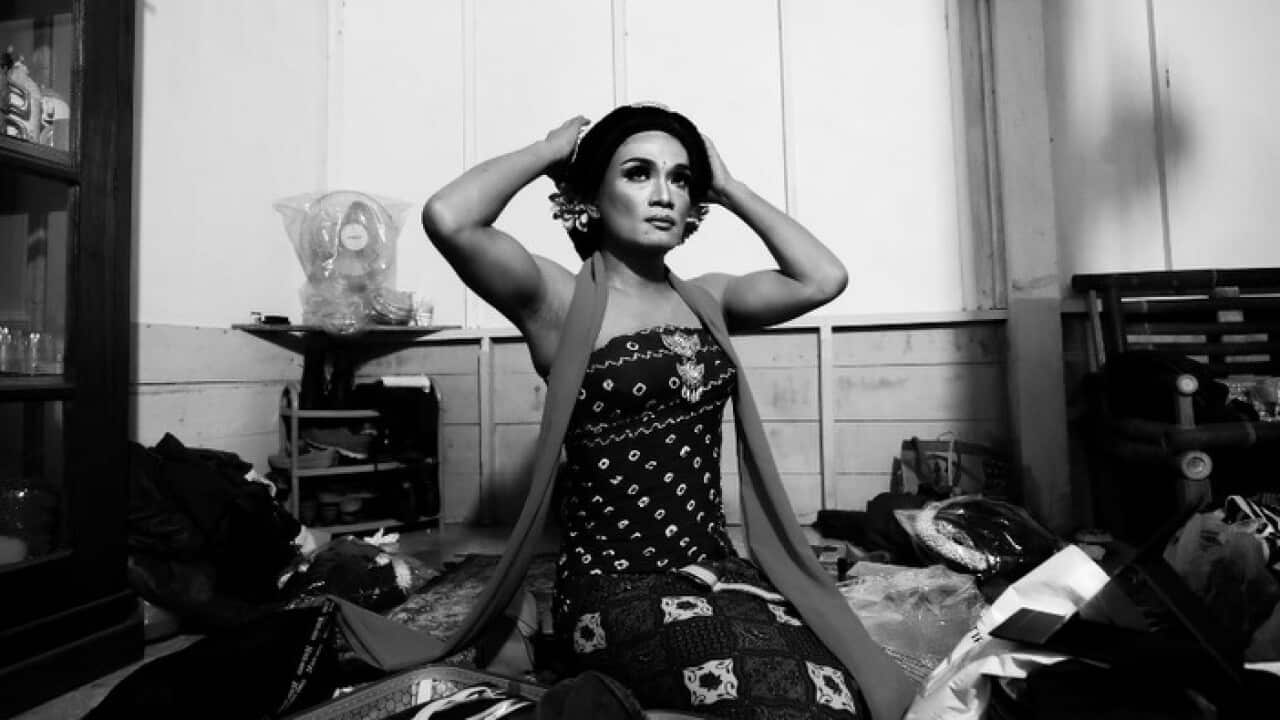 Rianto, choreographer and dancer, dressed as a Lengger dancer.