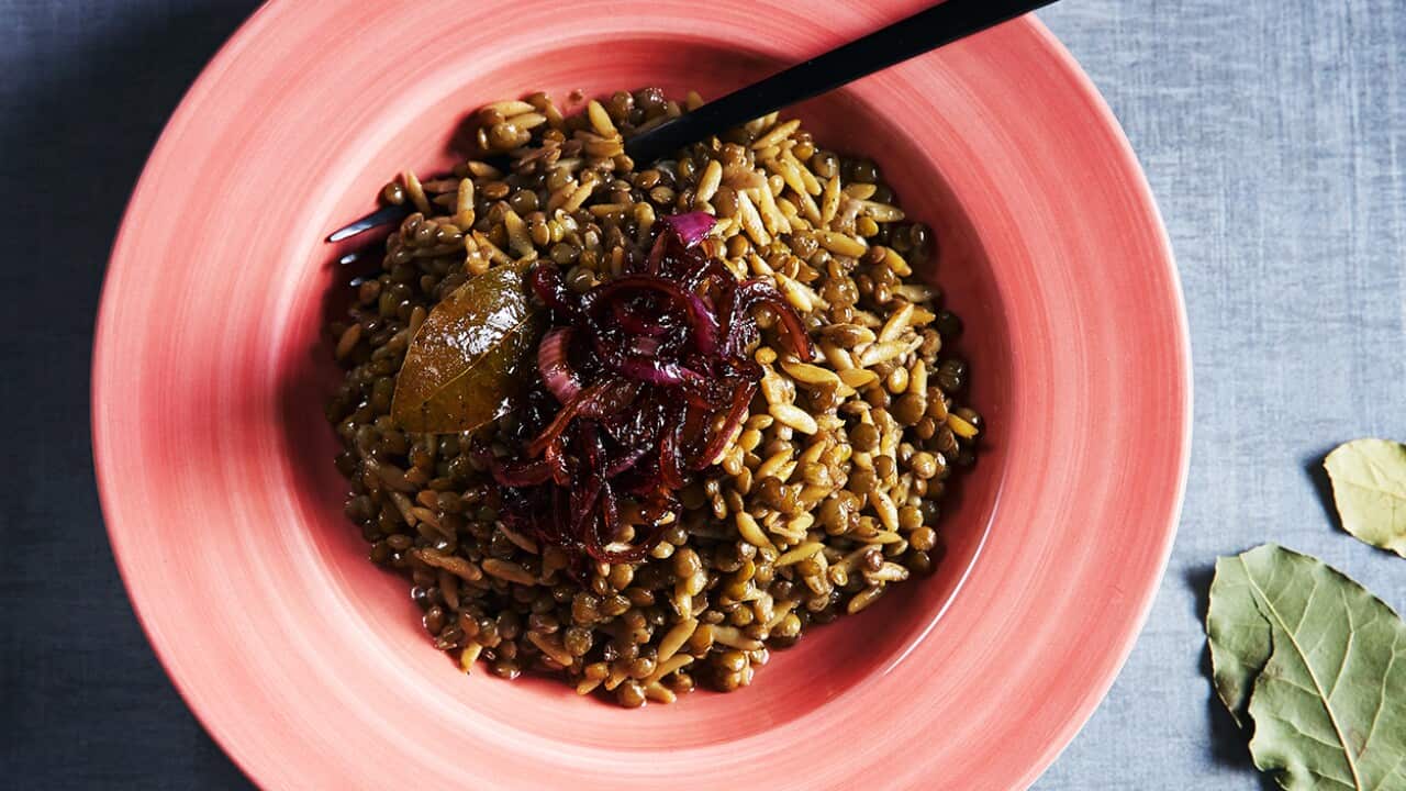 Lentils with orzo and carmelised onions