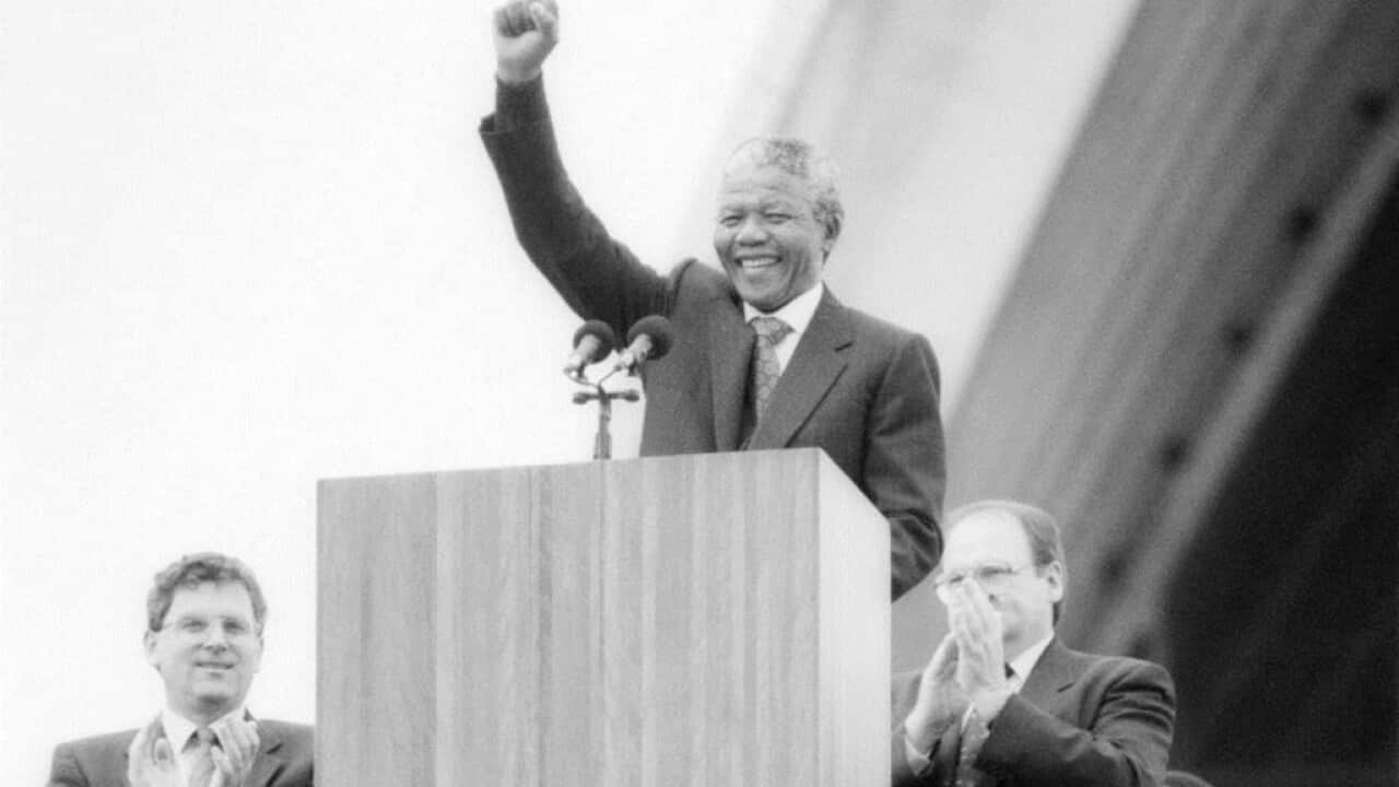 Nelson Mandela speaks at the Sydney Opera House in October 1990.