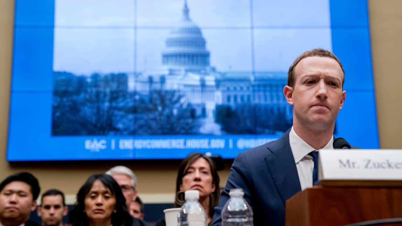 Facebook CEO Mark Zuckerberg testifying before a House Energy and Commerce hearing on Capitol Hill in Washington in April