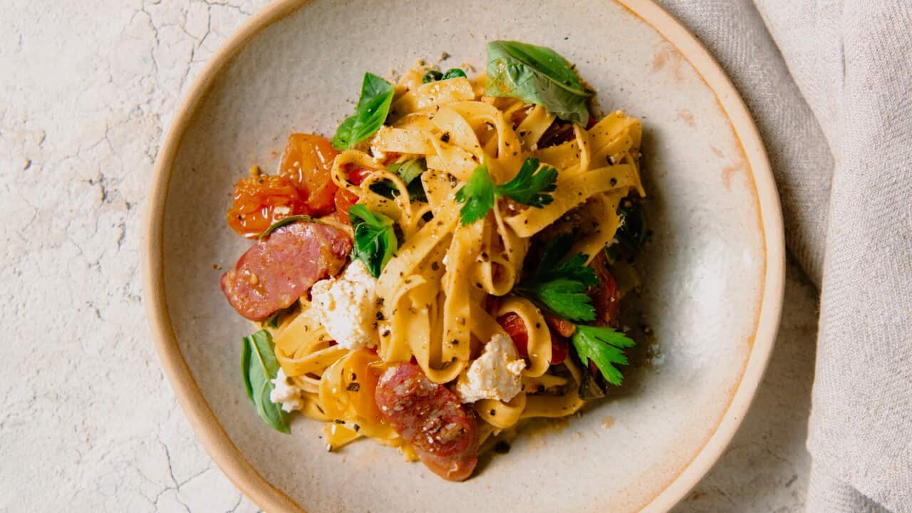 Pasta with tray-baked tomato, ricotta and chorizo