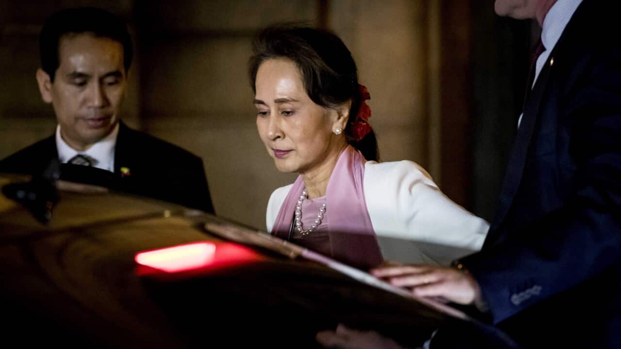 Aung San Suu Kyi departs the Peace Palace after the third day of hearings on the Rohingya genocide case, in The Hague