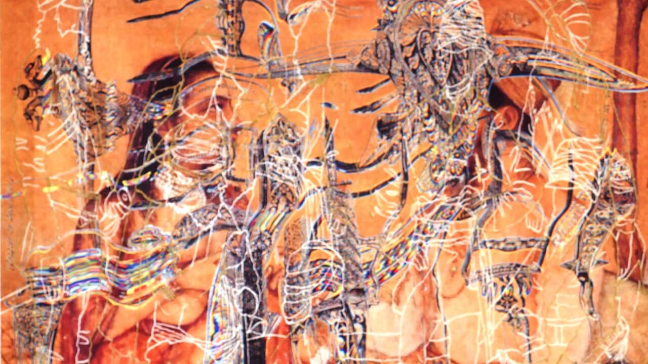 Artwork by Melbourne artist Nusra Latif Qureshi displayed at the exhibition at 4A Centre for Contemporary Asian art in Sydney.