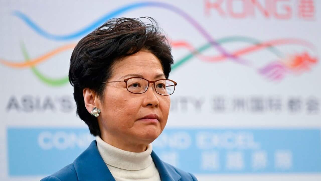 Hong Kong's Chief Executive Carrie Lam attends a press conference in Beijing on Monday.