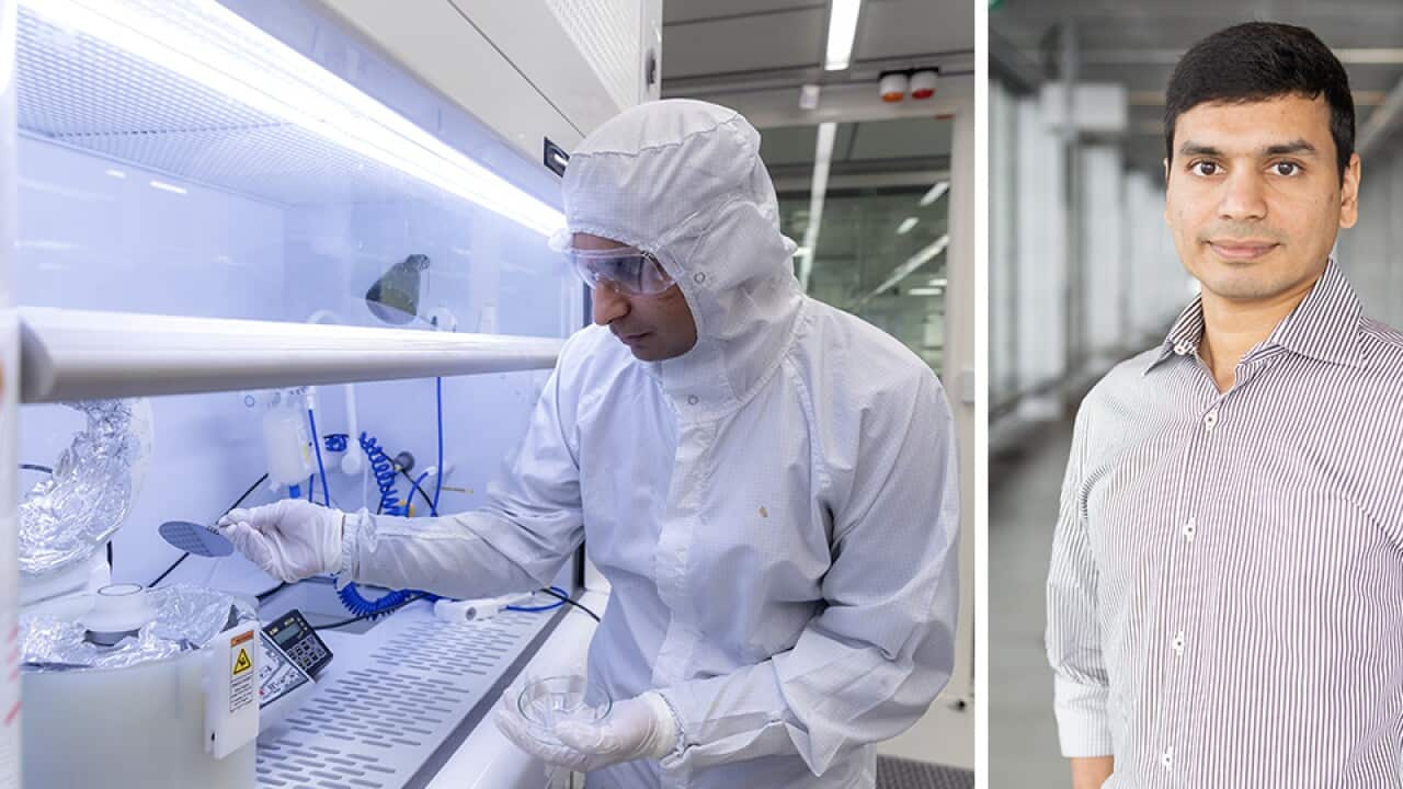 Left: Dr Sumeet Walia working with the sensor technology c Mark Dadswell; Right: Dr Sharath Sriram