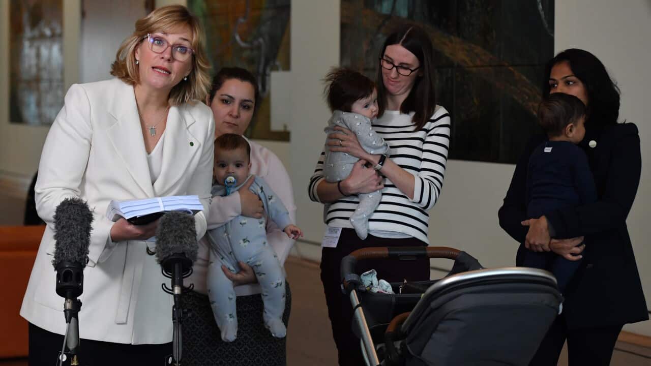 Independent MP Zali Steggall, Zadeh Oskouipour, Sophie Robinson and Monal Vachhani at a press conference at Parliament House in Canberra.