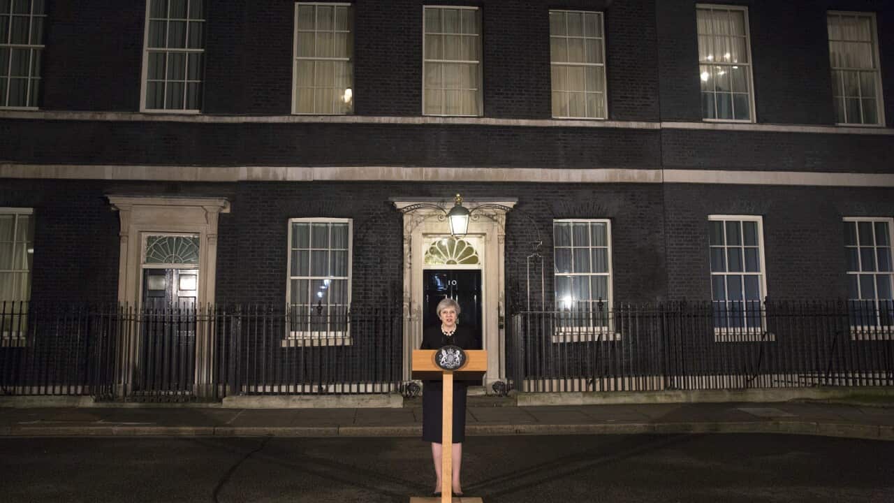 Prime Minister Theresa May makes a statement in Downing street following the terrorist incident in westminster.