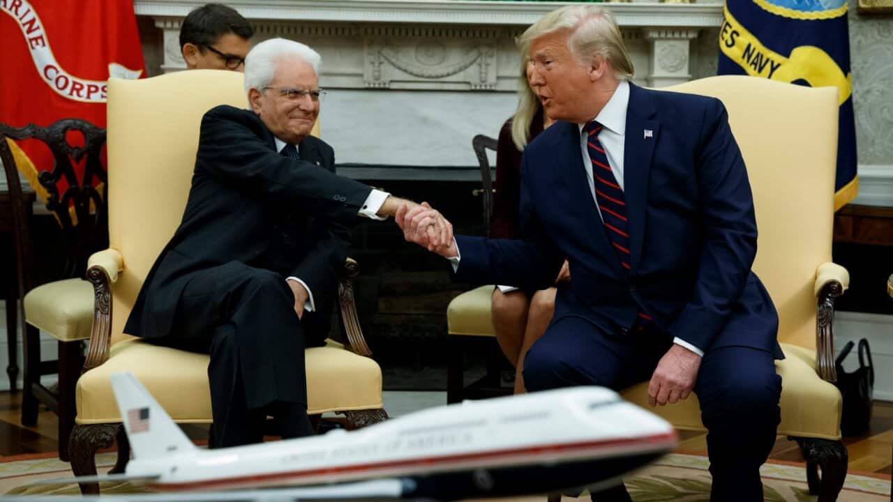 President Donald Trump meets with Italian President Sergio Mattarella in the Oval Office of the White House, Wednesday, Oct. 16, 2019, in Washington. (AP Photo/Evan Vucci)