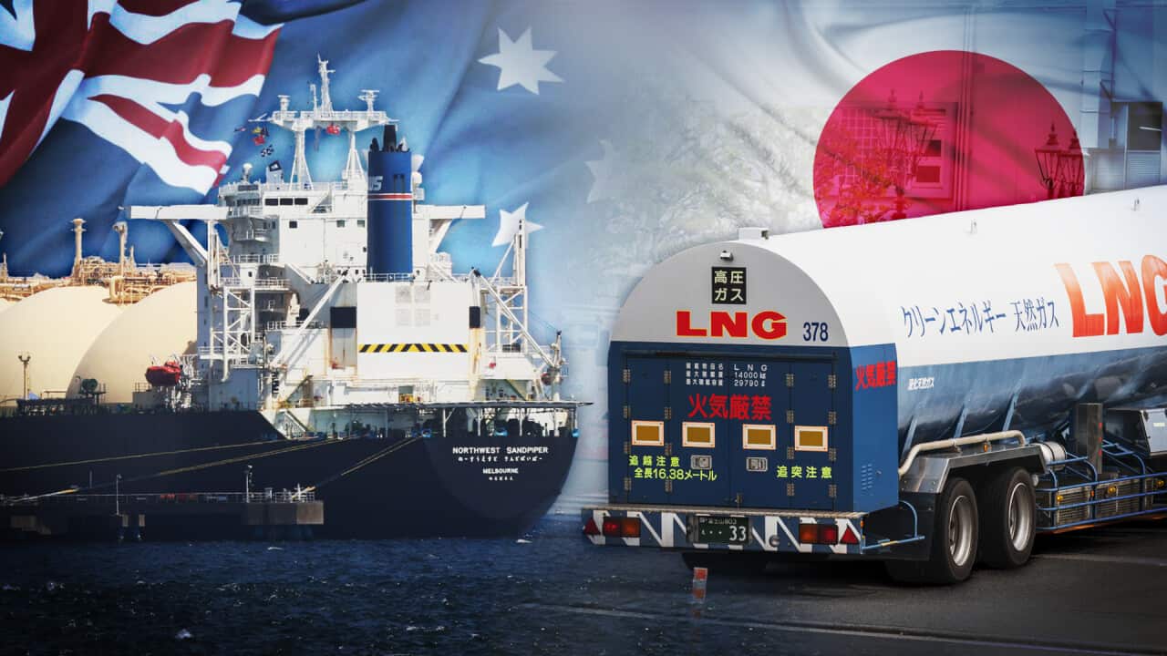 Graphic art featuring a gas transport ship (left) and a gas truck (right) against backdrops of an Australian flag (left) and Japanese flag (right)