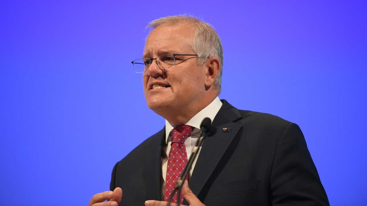 Australian Prime Minister Scott Morrison speaking during the Australian Financial Review (AFR) Business Summit at the Hilton Hotel, in Sydney, Tuesday, March 9, 2021. (AAP Image/Dean Lewins) NO ARCHIVING