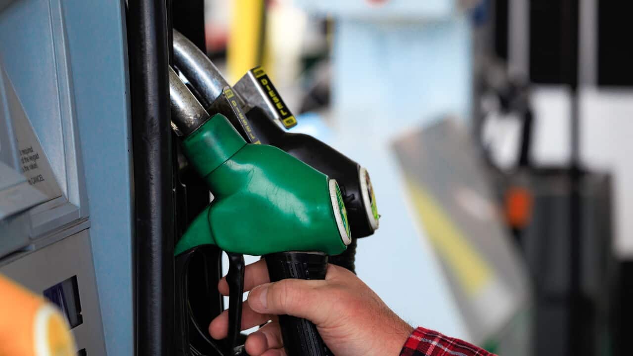 A hand about to pick up a fuel pump hose.
