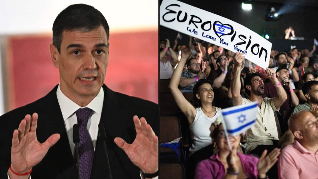 A combination picture of a man in a suit and tie raising his hands as he speaks (left) and people cheer as they watch Eurovision (right)
