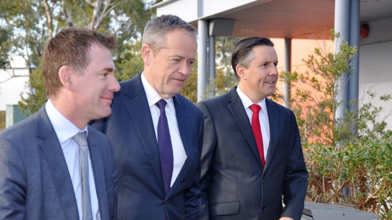 (L-R) MP Nick Champion, Opposition Leader Bill Shorten, MP Mark Butler