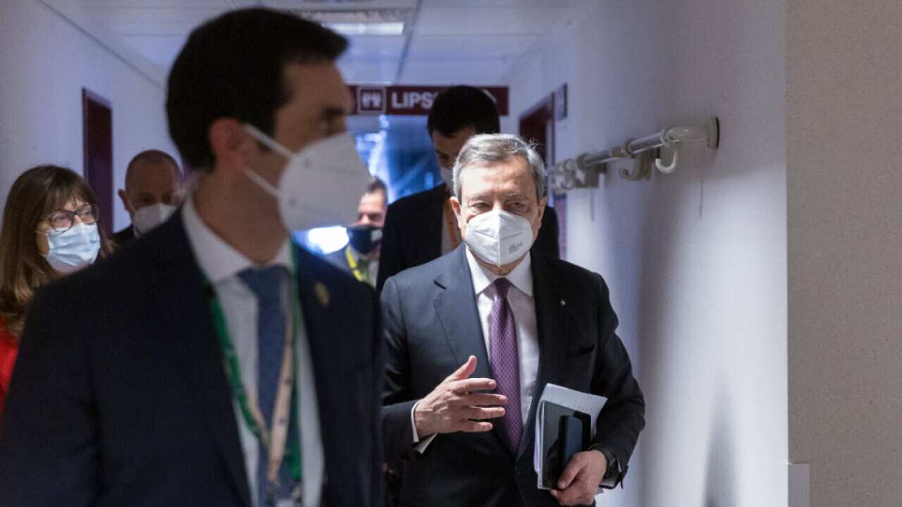 Italian Prime Minister Mario Draghi is leaving after a press conference at the end of an extraordinary EU Summit on 25 May, 2021 in Brussels, Belgium.