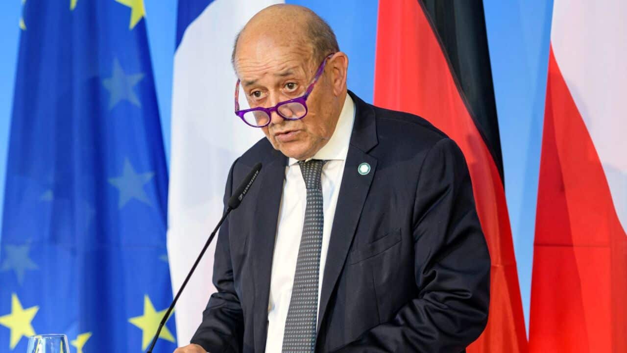 French Foreign Minister Jean-Yves Le Drian speaks in Weimar, Germany.