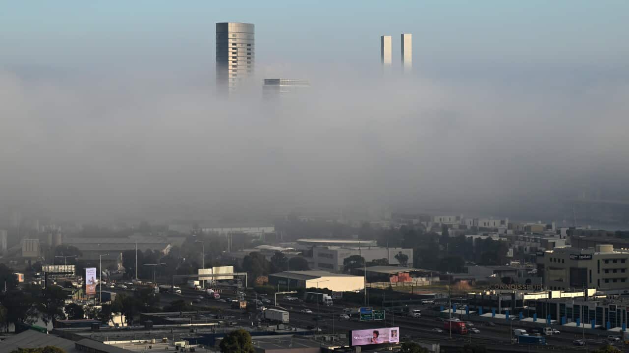 Buildings and the Bolte Bridge are seen surrounded by thick fog in Melbourne.