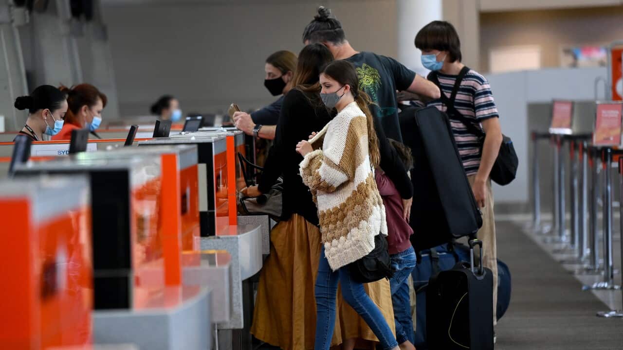 Passengers wear face masks as they line up in terminal at Sydney Domestic Airport