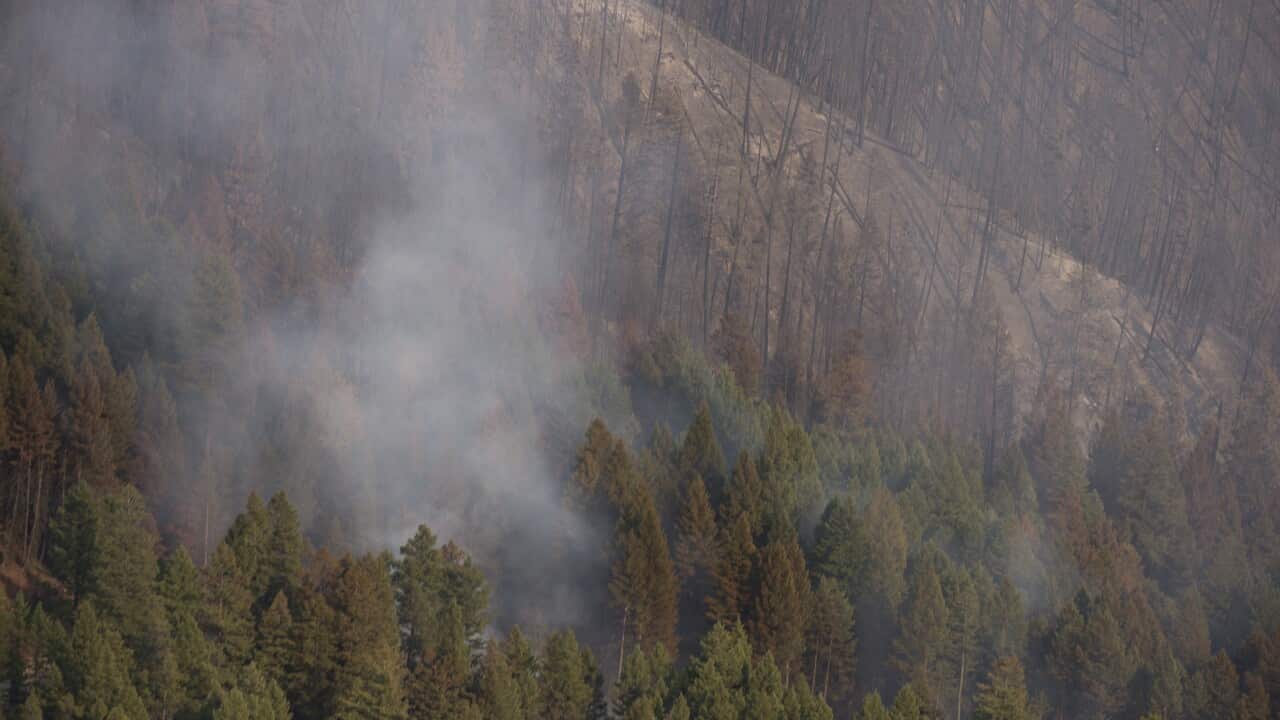 Smoke rises from a hillside at a wildfire outside of Kelowna, British Columbia.