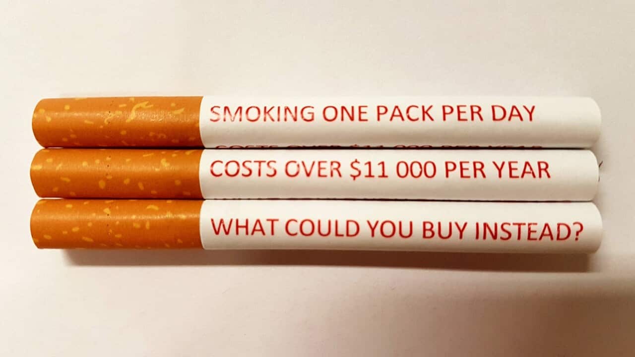 A supplied undated image shows cigarettes with indivudally printed warning labels.