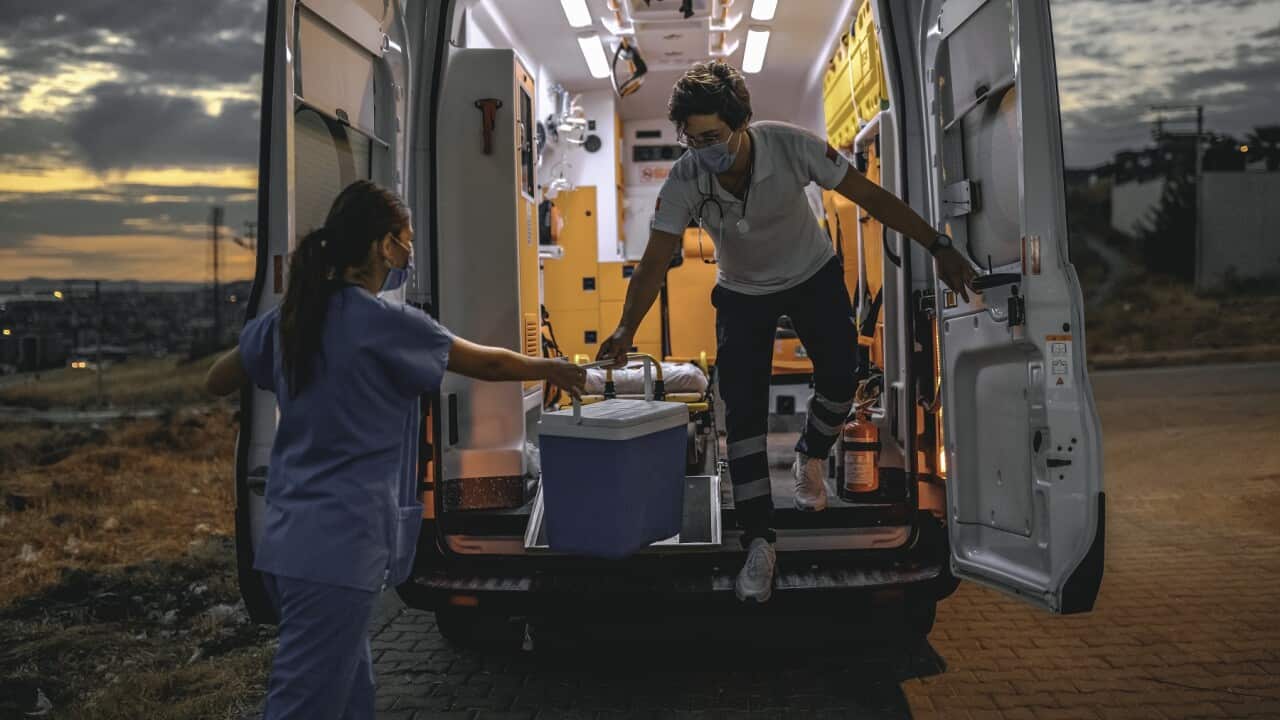Medical team carrying organ transplants box by ambulance