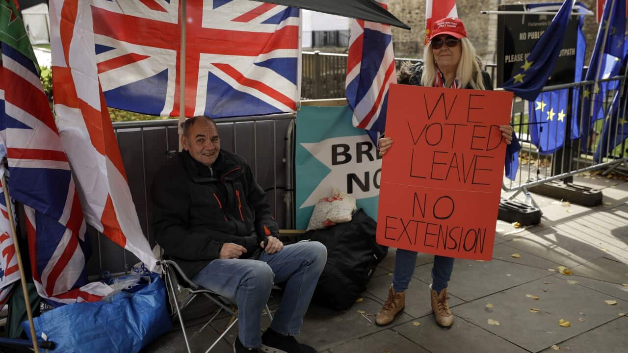 Brexit supporters in favour of leaving the European Union protest opposite the Houses of Parliament in London.