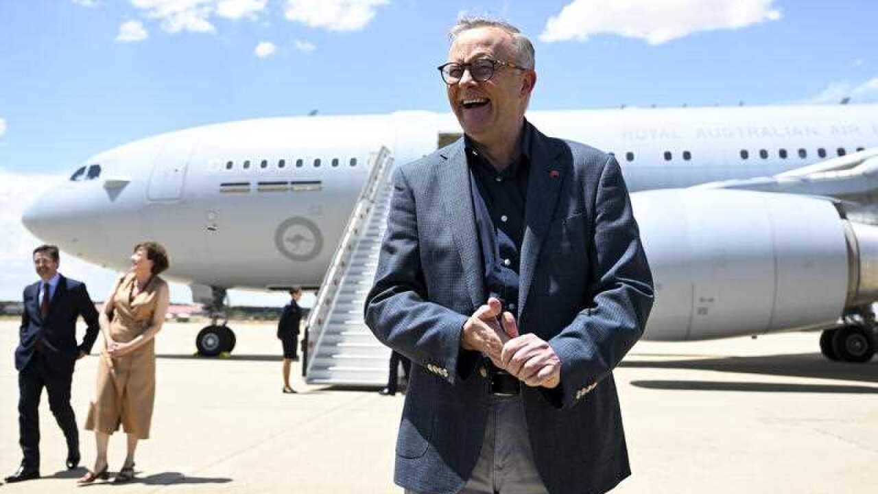 Australian Prime Minister Anthony Albanese speaks to the media after arriving at Torrejon Airbase for the Nato Leaders’ Summit in Madrid, Spain, Monday, June 27, 2022