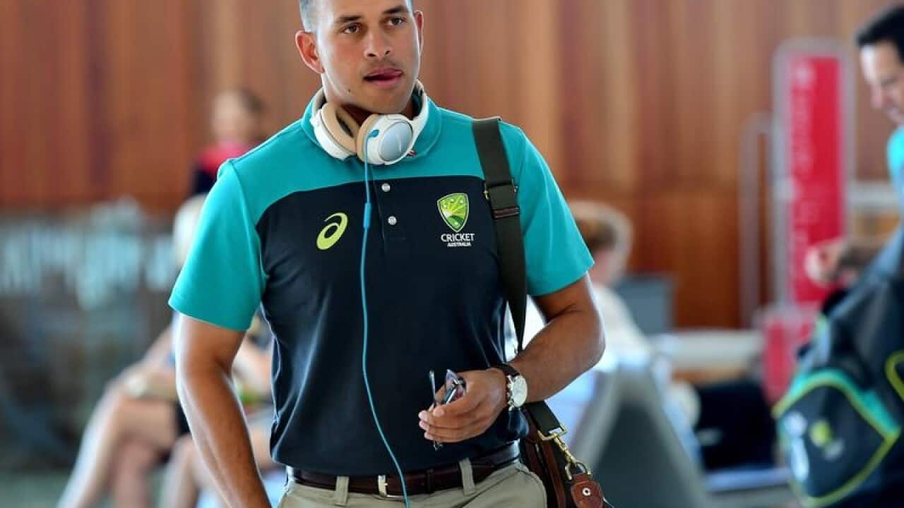 Usman Khawaja arriving at Adelaide airport