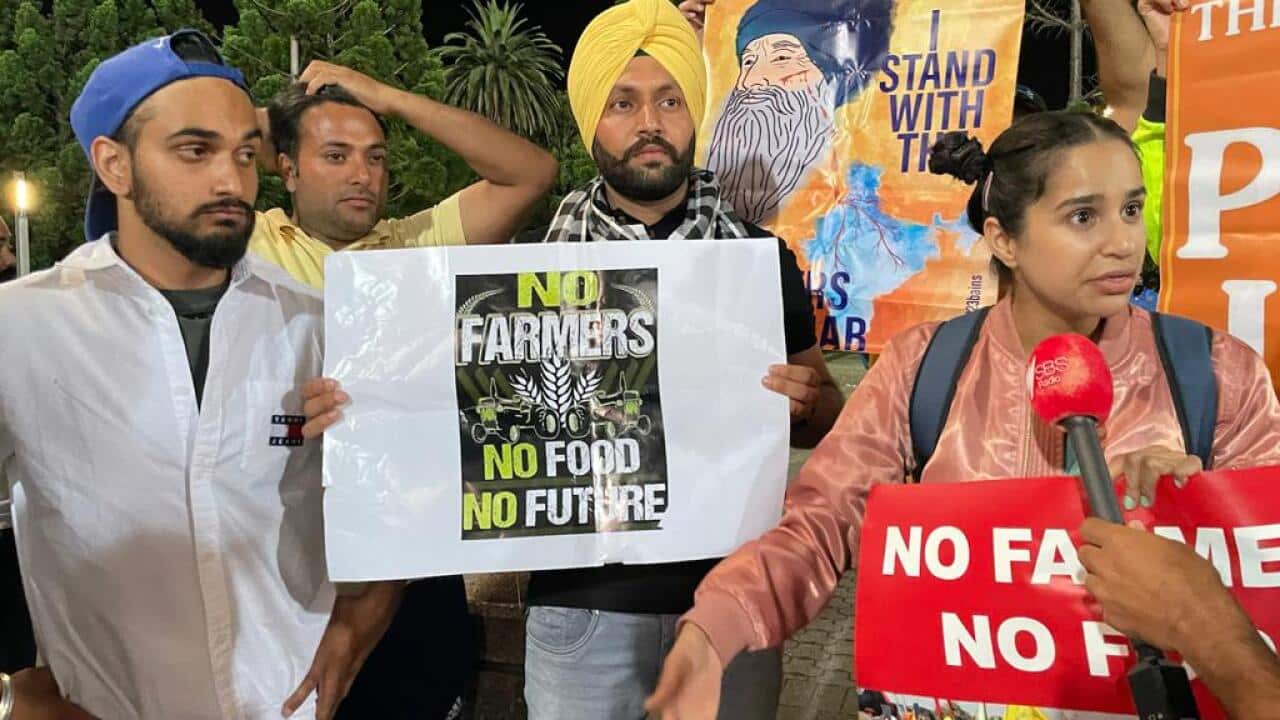 Protests outside Sydney Cricket Ground in support of farmers protesting new laws in India.