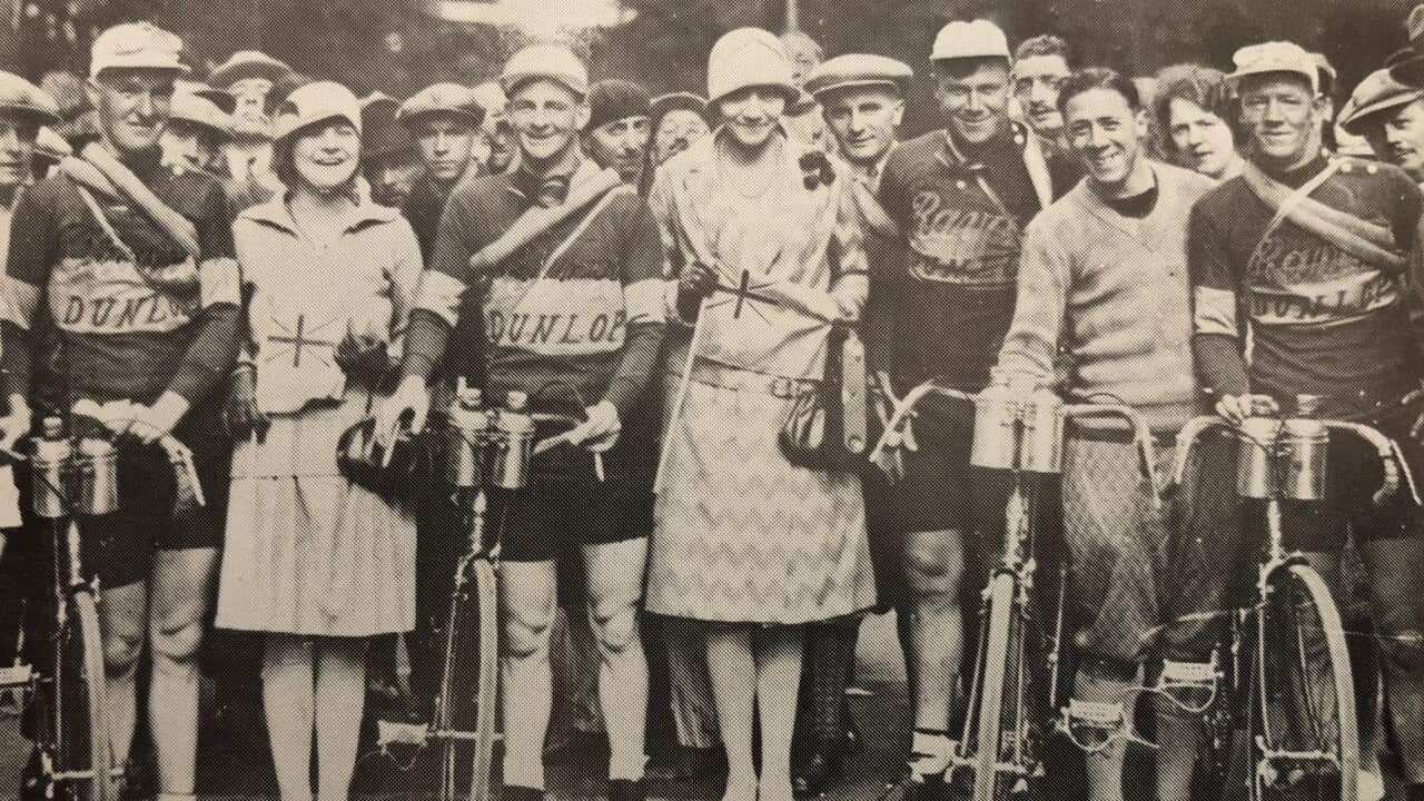 Australians at the 1928 Tour de France start line, from left: Harry Watson, Hubert Opperman, Percy Osbourne, Ernie Bainbridge (Craig Fry private collection)