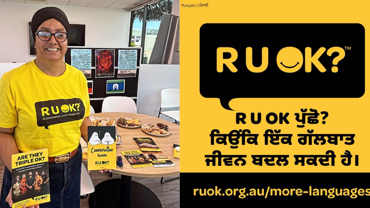 A collage of two images one showing Jatinder Kaur at a work R u okay day event and the left a pamphlet showing in Punjabi one conversation can change lives.