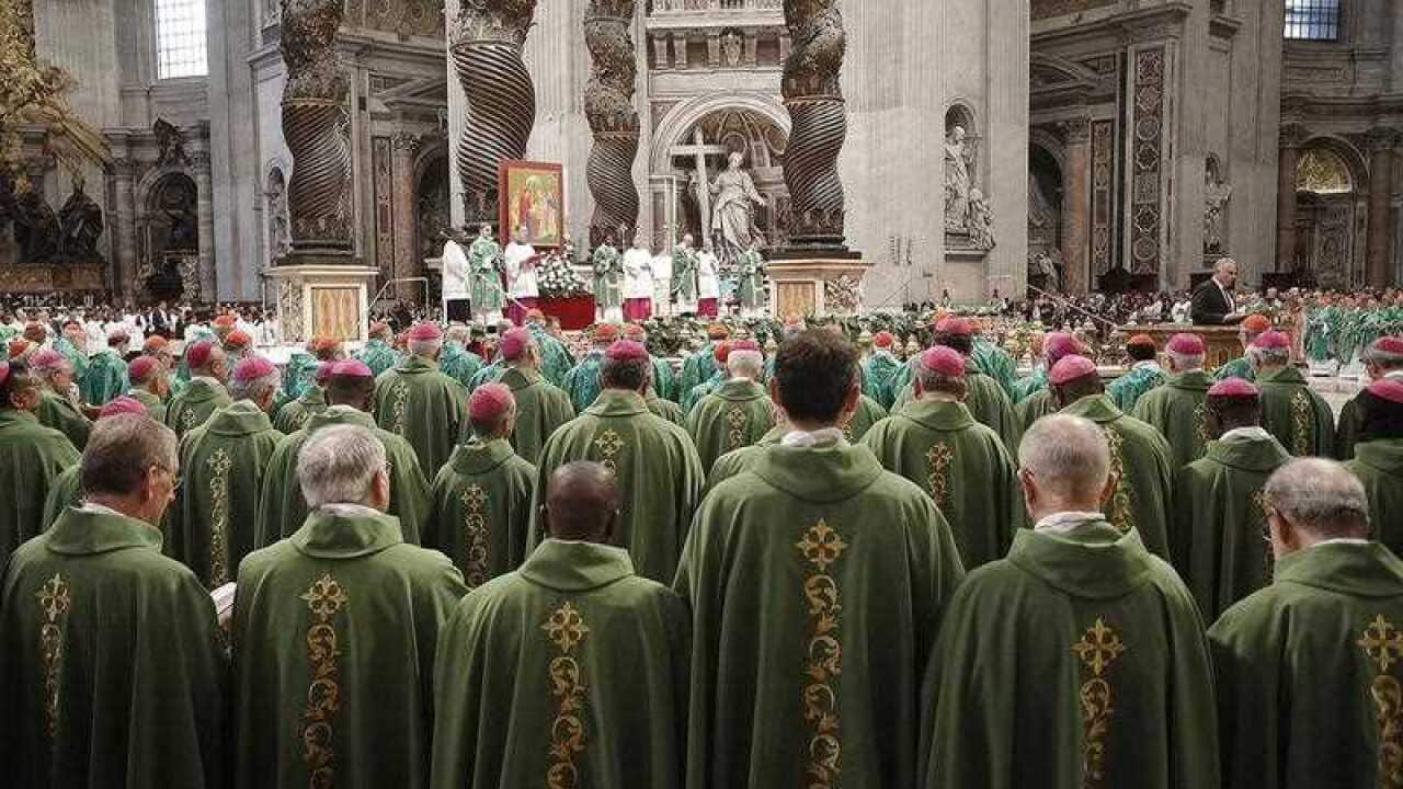 Prelates during the opening Mass of the XVI Ordinary Meeting of the Synod of Bishops, celebrated by Pope Francis, in the Saint Peter's Basilica in the Vatican City