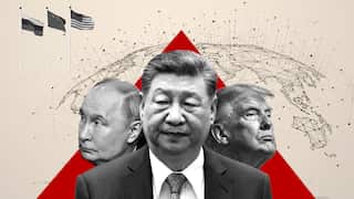 A graphic illustration showing Chinese President Xi Jinping in the foreground, flanked by Russian President Vladimir Putin and US President Donald Trump, with national flags and a stylised global network map in the background.