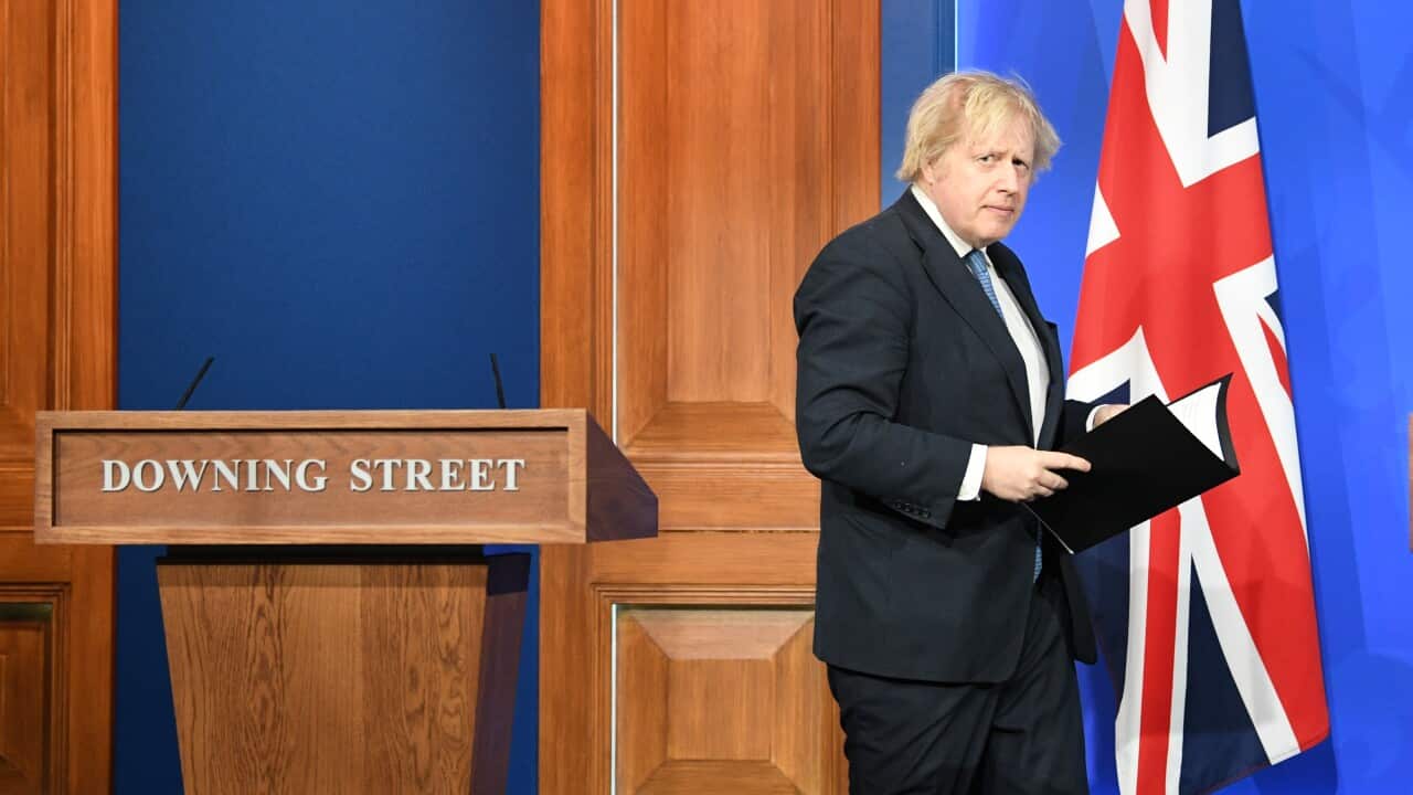Prime Minister Boris Johnson, arrives for a media briefing in Downing Street, London, on coronavirus (Covid-19). Picture date: Monday April 5, 2021.. See PA story HEALTH Coronavirus. Photo credit should read: Stefan Rousseau/PA Wire