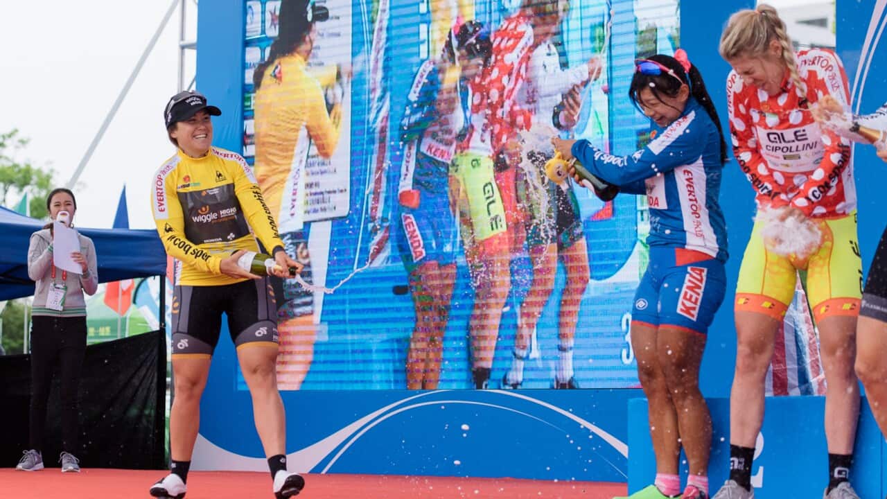 Chloe Hosking (Wiggle High5) celebrates after Stage 2 at the Tour of Chongming Island