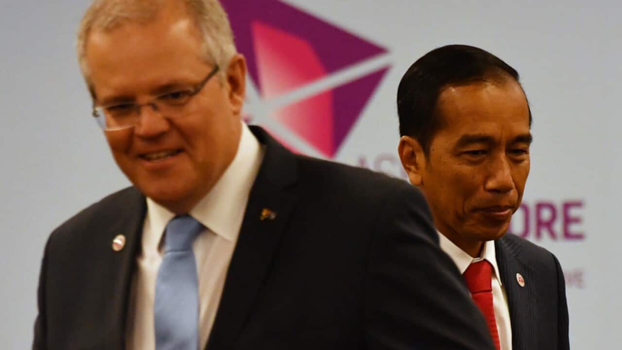 Australia's Prime Minister Scott Morrison and Indonesia's President Joko Widodo at a bilateral meeting during the 2018 ASEAN Summit in Singapore, Wednesday, November 14, 2018. (AAP Image/Mick Tsikas) NO ARCHIVING