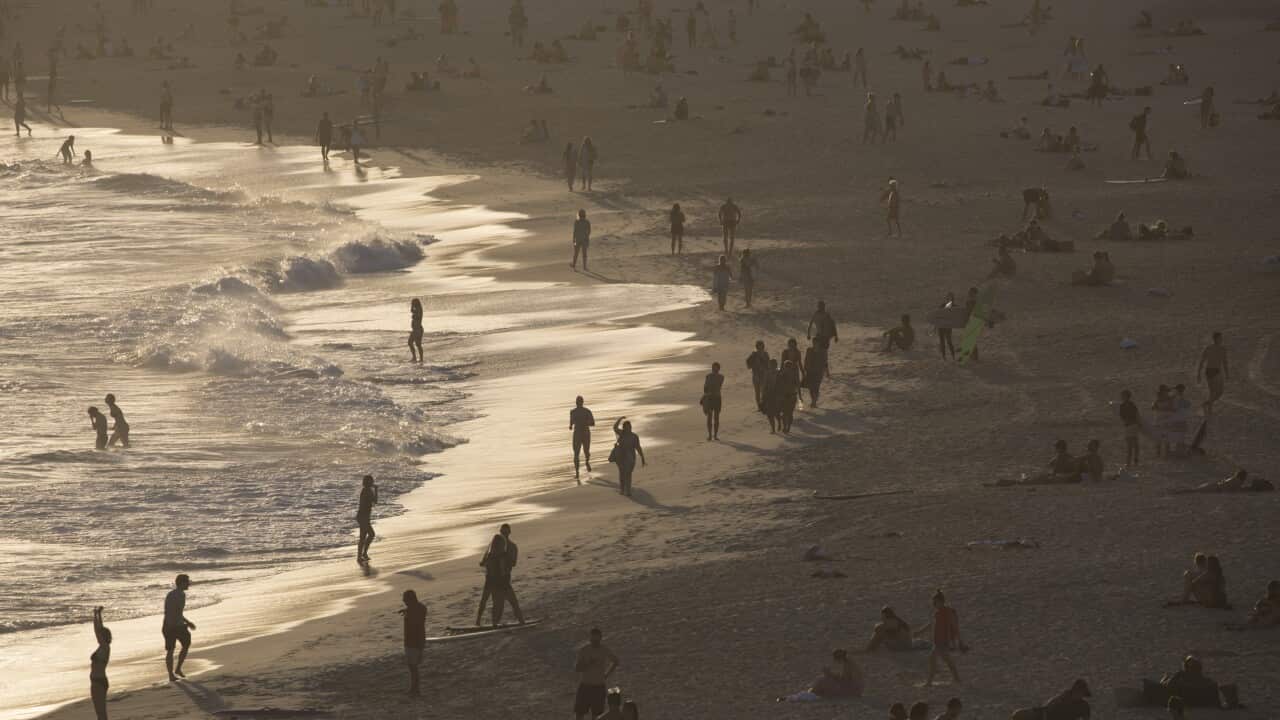 A large number of people spread across a beach in an orange haze