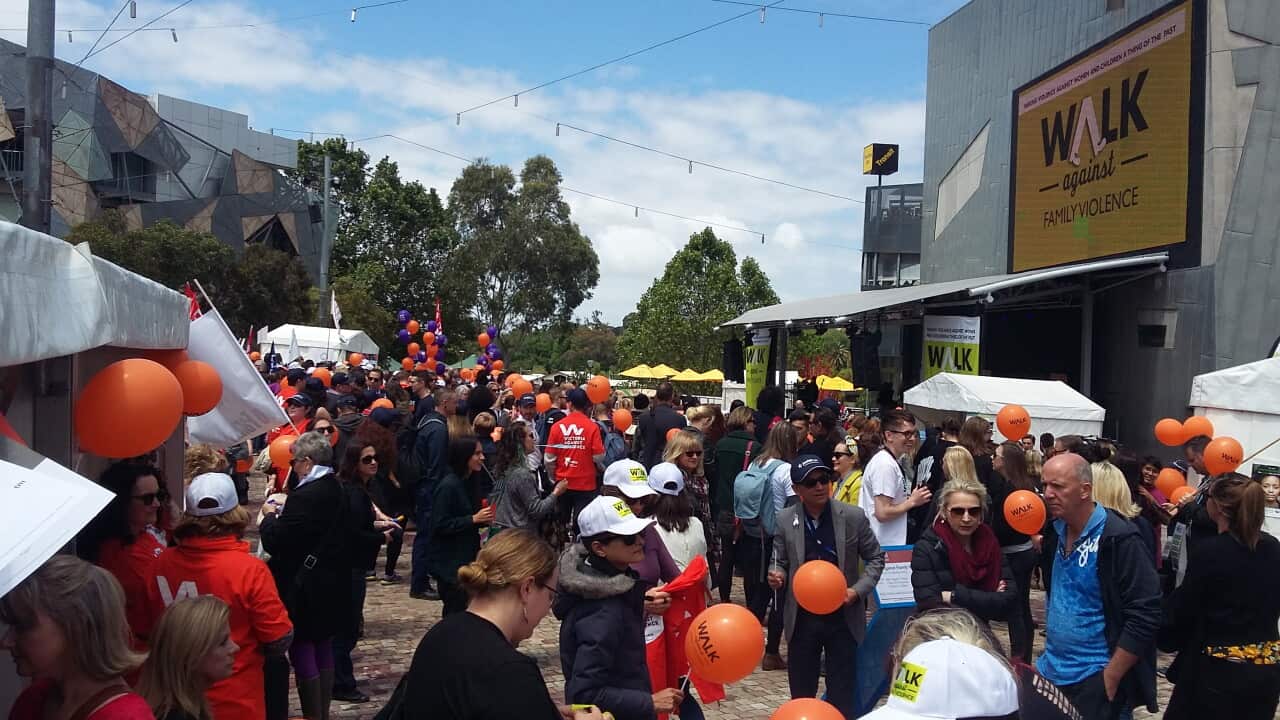 Walk against violence against women and children on Federation Square. SBS Greek was there.