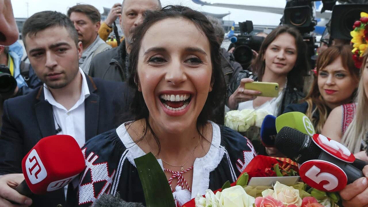 Ukrainian singer Jamala speaks to reporters after her arrival to Ukraine at the International airport Boryspil in Kiev, Ukraine, 15 May 2016.