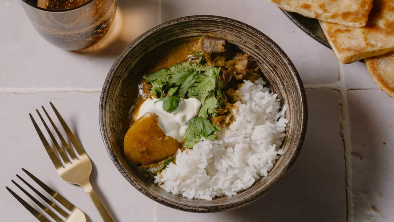 Kangaroo curry with macadamia flatbread