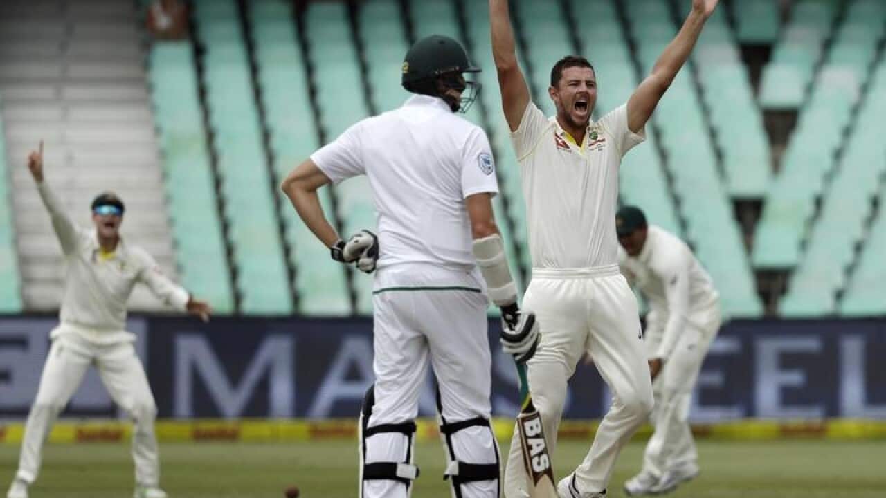 Josh Hazlewood reacts after an LBW against Quinton de Kock in Durban.