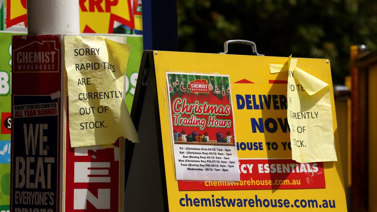 Signs indicating that this chemist is out of Covid-19 rapid antigen tests (RAT) are seen, Brisbane Sunday, January 2, 2022. (AAP Image/Danny Casey) NO ARCHIVING
